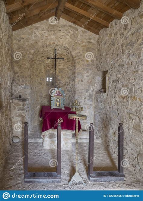 Interior Of Small Stone Medieval Chapel With Wooden Roof At Fortified