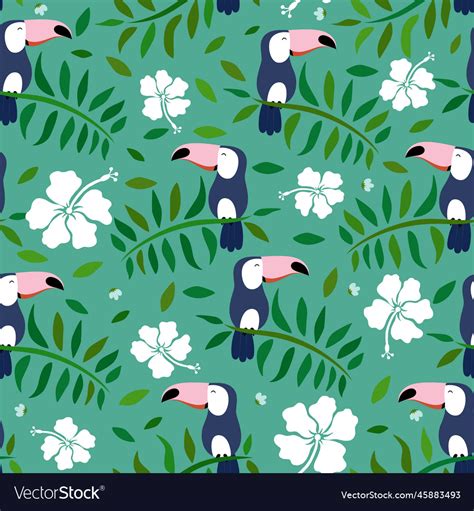 Exotic Bird Toucan Leaves And Flowers Cute Vector Image