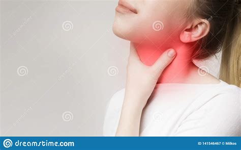 Woman Suffering From Sore Throat Touching Her Neck Stock Image Image