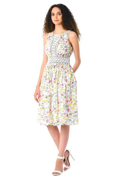 Shop Floral Print Cotton Lace Trim Ruched Dress EShakti