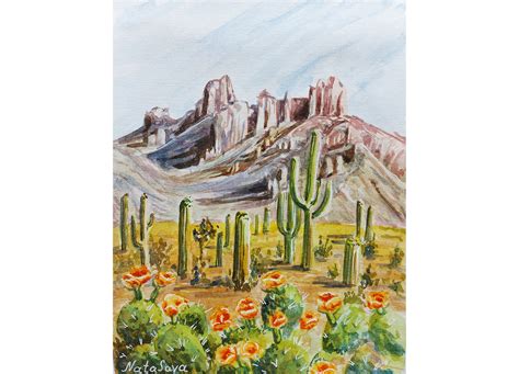 Aceo Desert Arizona Painting Landscape Original Watercolor Etsy