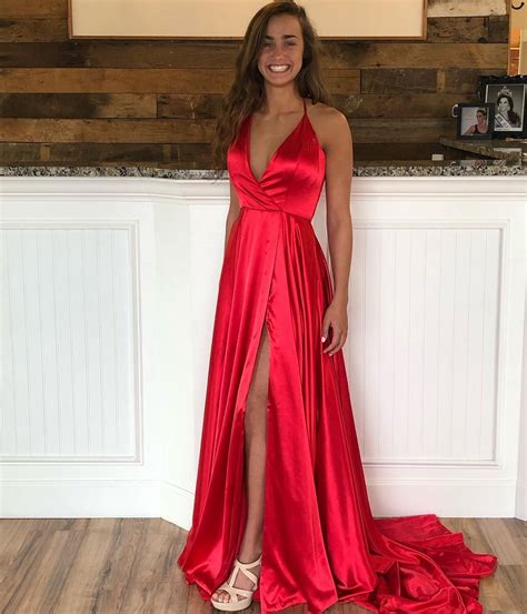 Sexy Red Deep V Neck Spaghetti Straps Prom Dress High Slit Formal Long