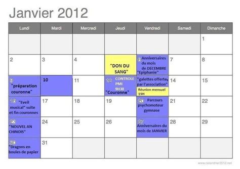 Planning Janvier 2012