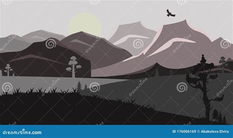 Beautiful Minimalistic Mountain Landscape With Flying Birds And Trees
