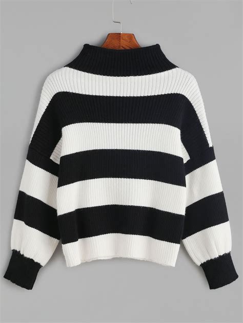 black and white striped ribbed knit crop sweater shein sheinside