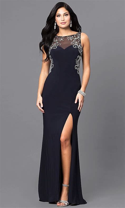 Image Of Navy Blue Long Prom Dress With Jewel Accents Style Bn 156022