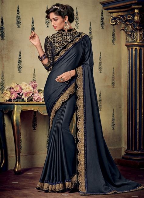 Dark Blue Satin Silk Embroidery Saree Indian Couture