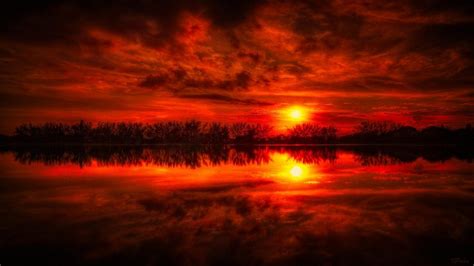 Red Sunset Peaceful Lake Reflections Nature Landscapes