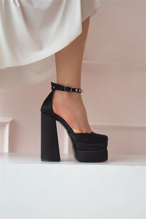 SHOETEK Kadın Topuklu Ayakkabı Saten Taşlı Çift Platformlu Rianna Siyah