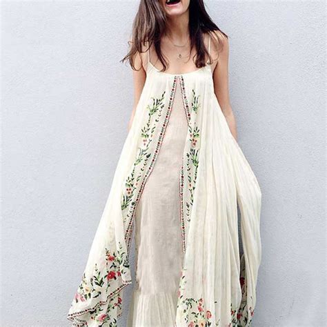 2018 Summer Bohemian Maxi Dress Floral Embroidered Women Dresses Ruffle
