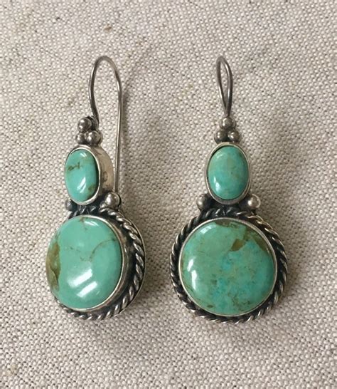 Long Turquoise Dangle Earrings Vintage Native American Navajo Sterling