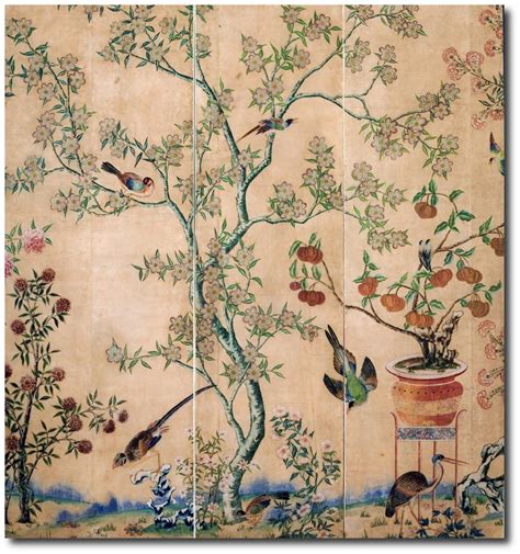 A Rare Set Of Chinese Painted Wallpapers Formerly Hung In Colonial