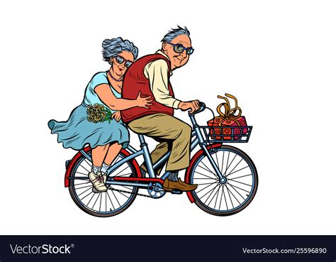Old Man And Woman Couple In Love Riding A Bike Vector Image
