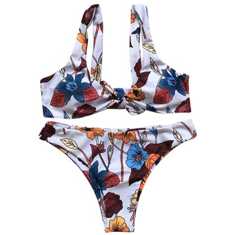 Trendy Shoulder Strap Floral Print Padded Tied Bikini Set Women Hot