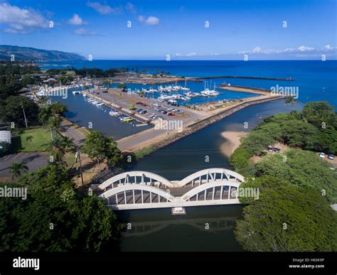 Aerial View Of Anahulu Bridge And Harbor Boat Harbor In Haleiwa On The