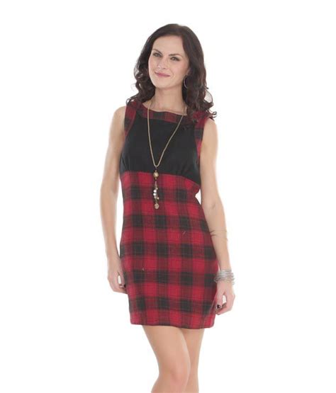 Buy Athena Red Black Checkered Woolen Dress With Free Stockings Online