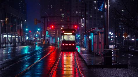 City Night Rainy Public Transportation Tram Preview