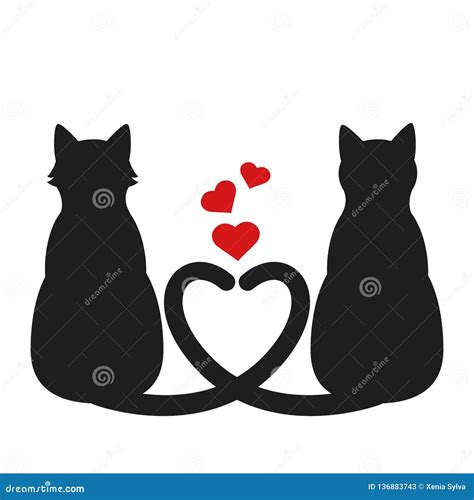 Silhouette Of Two Cats With Heart Tails Stock Vector Illustration Of