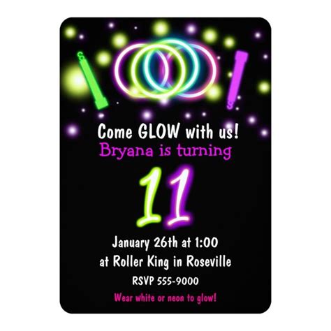 Glow Lights 11th Birthday Party Age 11 Invitation Glow