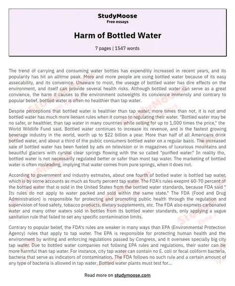 The Harmful Truth Behind Bottled Water Free Essay Example