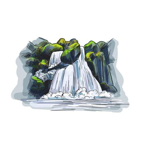 Waterfall Graphic Black White Landscape Sketch Illustration Stock