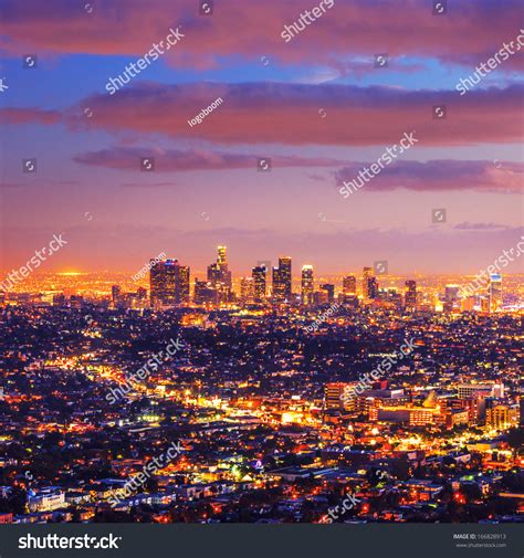 Los Angeles City Skyline At Dusk After Sunset Stock Photo 166828913