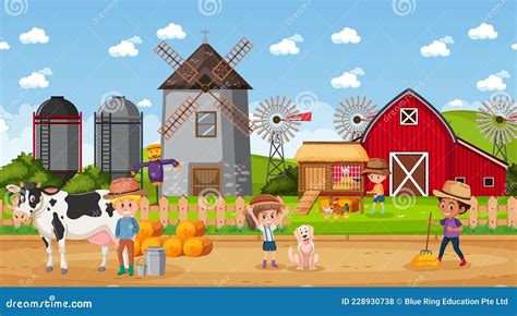 Farm Scene With Many Kids And Farm Animals Stock Vector Illustration