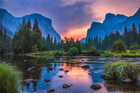 Landscape Nature Sunset Mountains River Reflection