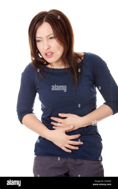 Woman Holding Her Stomach With Her Hands Pain Concept Stock Photo Alamy