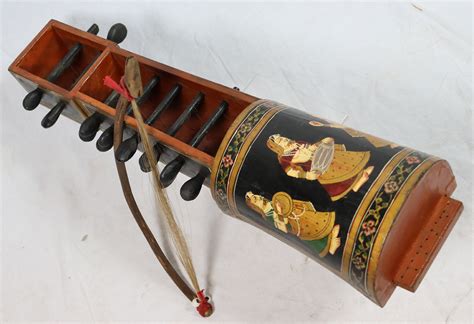Antique Orient Exotic Musical Instrument Indian Hand Painted Figurativ
