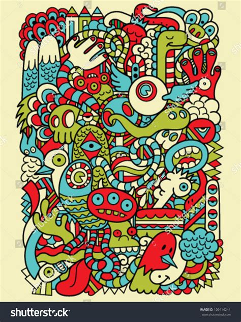 Hipster Doodle Monster Collage Background Stock Vector Illustration