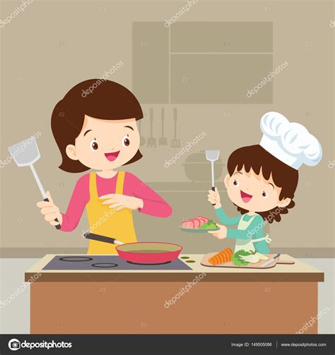 Mamá Cocinando Dibujo Dibujos Animados De Madre E Hijo En La Cocina