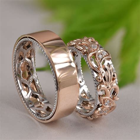 His Hers Gold Vine Wedding Rings Wedding Band Set Matching Bands For Couples Unique Jewelry