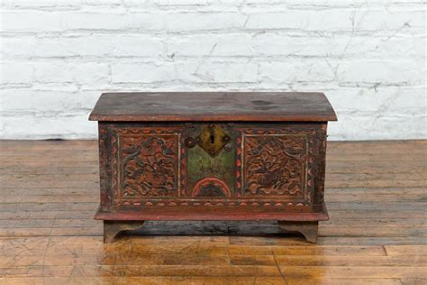 19th Century Indian Hand Carved And Painted Trunk With Floral And Deer