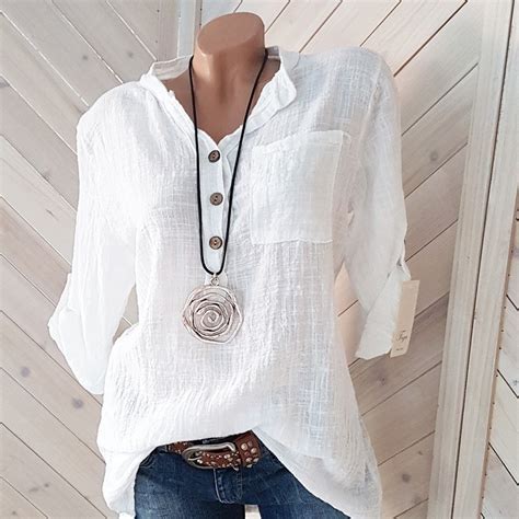 Women Casual Loose Linen Blouse Pure Color V Neck Loose Shirt Walmart Canada