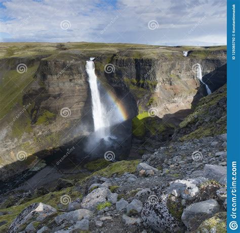 Famous Haifoss Waterfall In Southern Iceland Treking In Iceland Stock