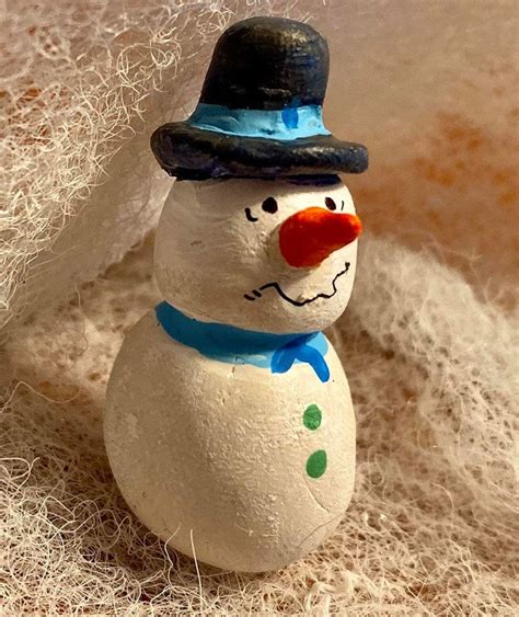 Christmas Miniature Snowman Ornament Clay Handmade Black Hat Etsy