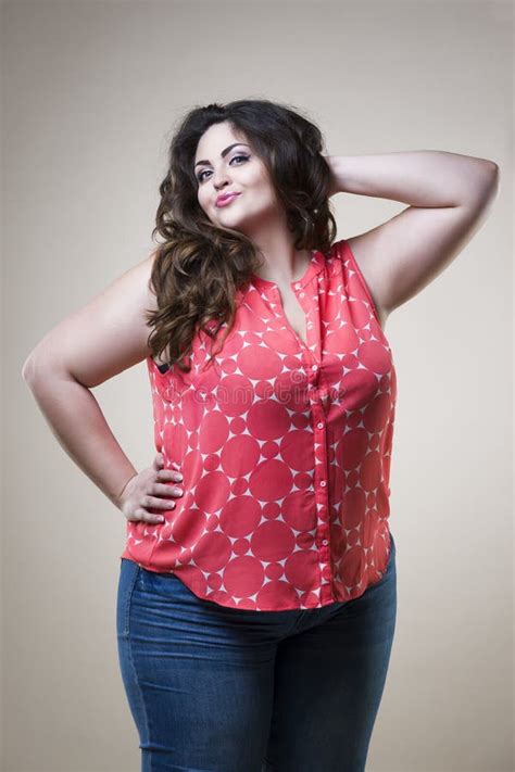 210 Plus Size Fashion Model Casual Clothes Fat Woman Beige Background