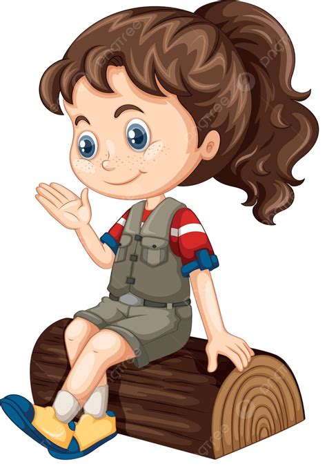 Little Girl Sitting On Log Picture Clipart Waving Vector Picture