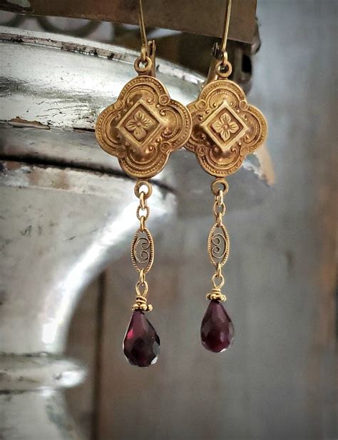Ornate Gold Filled Garnet Drop Earrings Long Garnet Earrings Gold