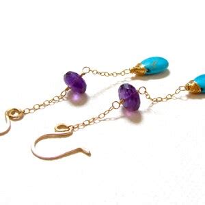 Turquoise Gold Earrings Purple Amethyst Aqua Blue French Cote Etsy