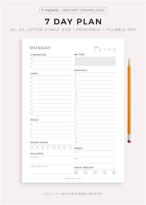 7 Day Planner Printable Weekly Planner Daily To Do List For Etsy Italia