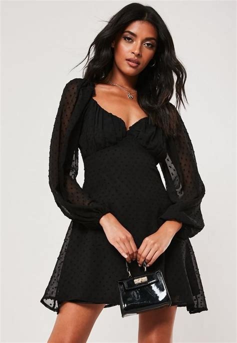 Missguided Black Dobby Long Sleeve Milkmaid Skater Dress Mini Dress