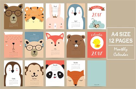 Calendar 2017 With Cute Animal 4 Diy Calendar Calendar Calendar Layout