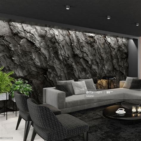 Modern Matte Black Interior With Mountain Natural Stone Rock Wall