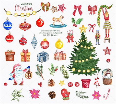 Watercolor Christmas Clipart Tree Ornaments T Boxes