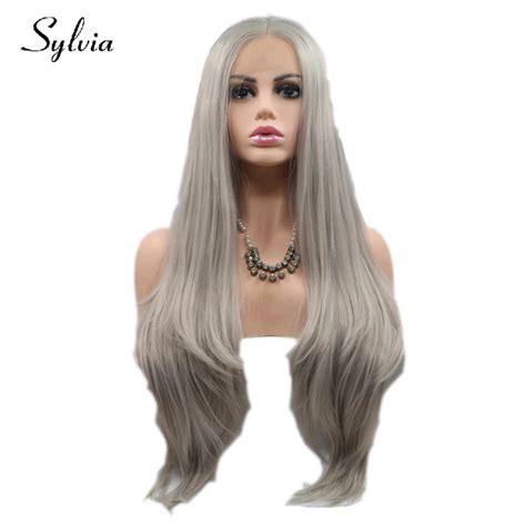 sylvia grey natural wave synthetic lace front wigs with middle parting silver grey glueless heat