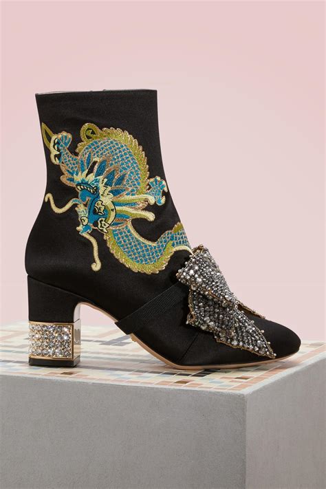 Gucci Dragon Satin Mid Heel Ankle Boot In Black Lyst