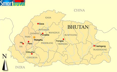 Detailed A4 Printable Map Of Bhutan Listing Popular Sights Valleys