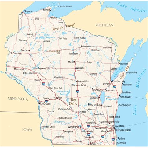 Wisconsin State Road Map City Political 20 Inch By 30 Inch Laminated
